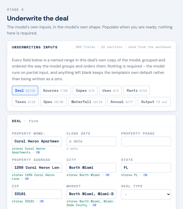 Alpha Front Office, Underwriting Draft: the model's own inputs in the model's own shape, grouped as the workbook groups them, each named range showing the value it stores and the document that value came from.