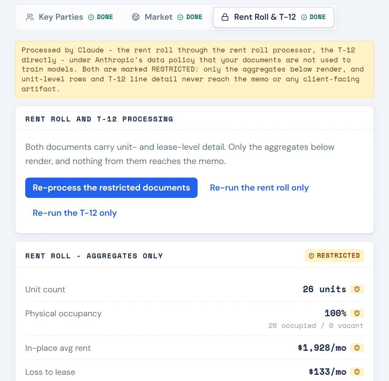 Rent roll and T-12 processing for a sample deal: unit-level rows restricted, only the aggregates shown.