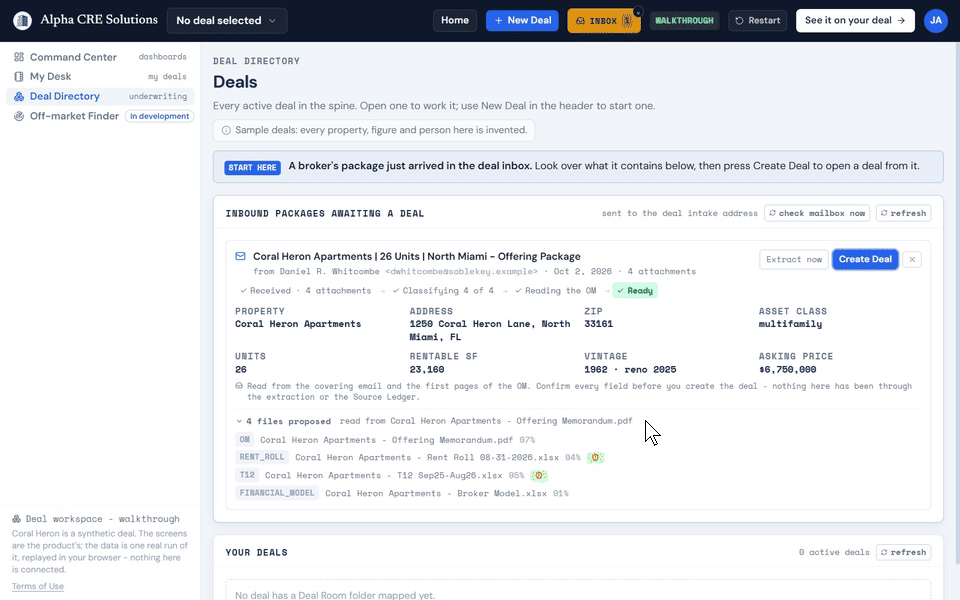 Deal intake on a sample deal: one deal walked from the broker's package into the deal workspace