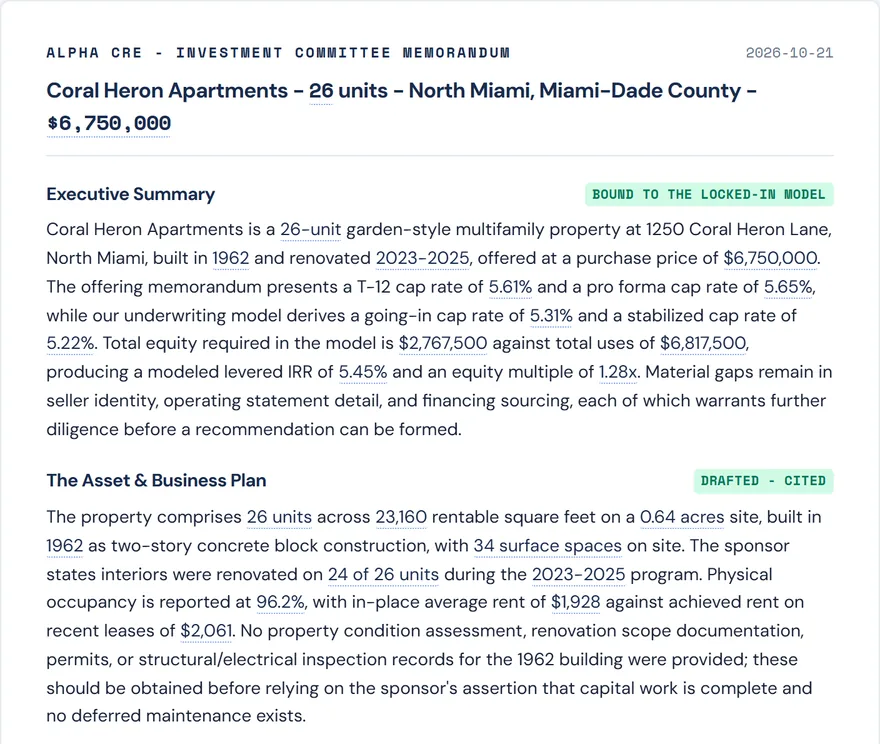 The first page of the investment committee memo: the deal header, the executive summary and the business plan, every figure cited to the model.
