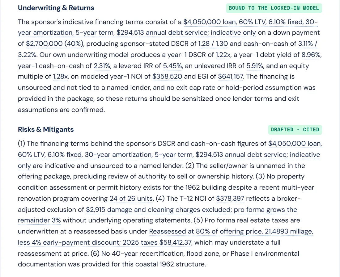 A page of the investment committee memo: underwriting and returns, then risks and mitigants, with every figure cited.