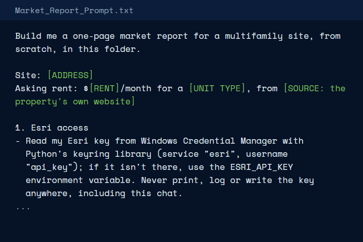 The kit's prompt, opening: build a one-page market report from scratch, for the site, rent, unit type and rent source you fill in.